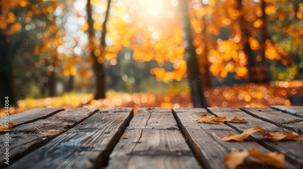 Poster the empty wooden table top with blur background of autumn. exuberant image.