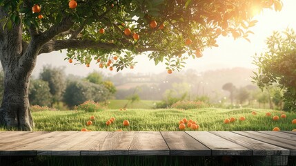 Naklejka na ściany i meble Tree Table wood Podium in farm display for food, perfume, and other products on nature background, Table in farm with orange tree and grass, Sunlight at morning