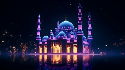 Illustration of the mosque with reflection in the water. Ramadan Kareem background