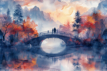 Painting: a bridge across the river.  - obrazy, fototapety, plakaty