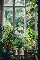 A collection of varied potted plants thriving on a windowsill, offering a glimpse of a lush outdoor garden through the glass pane..