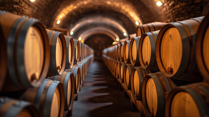 Interior of wine cellar underground. Barrels lining walls, aging vino.