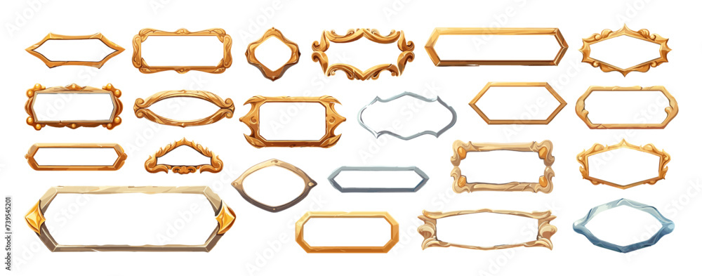 Poster magical cartoon frames made of precious metals, with empty space for text of different shapes, acces
