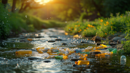 Fototapeta premium Lot of plastic bottles in small river. Pollution concept. AI
