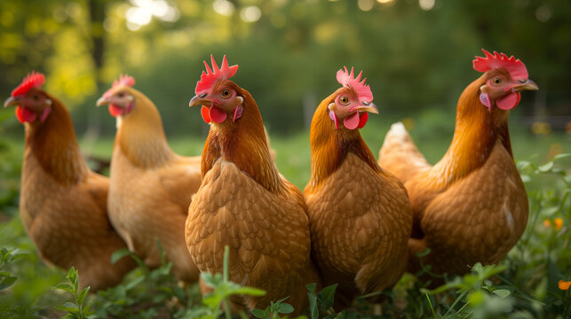 Group photo of 5 egg laying red farm chickens. Hens at free range farm.