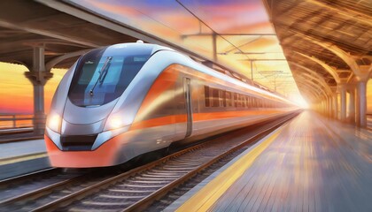 Naklejka premium High speed train in motion on the railway station at sunset. Fast moving modern passenger 