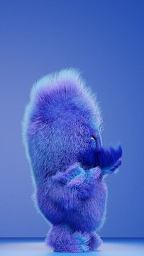 Blue fluffy cartoon character Funny dancing furry creature. 
