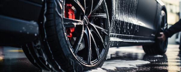 Black sport car wheel detail covered with shampoo ready to clean. Car Tire or alluminium wheel wash. copy space for text. - obrazy, fototapety, plakaty