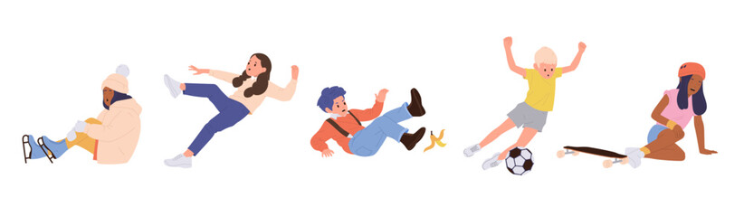 Unhappy crying children cartoon characters falling having unpleasant accident at playground set