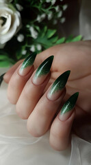 green ombre design nails on a womans hand