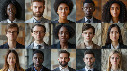 Diverse grid of many business people professional headshots on different backgrounds.