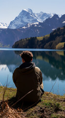 a man is sitting down and looking out onto a lake