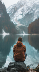 a man is sitting down and looking out onto a lake