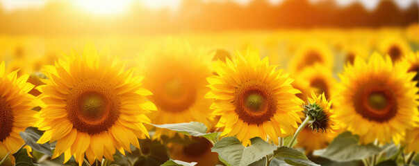 Yellow sunflower against sunflowers background.