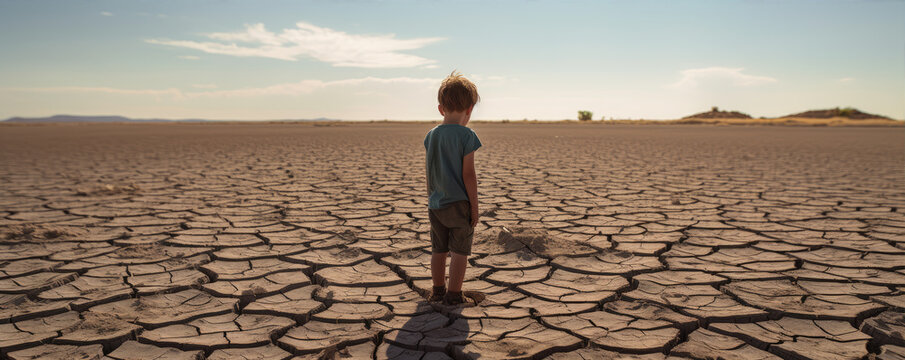 Small boy standing on dry lake or land. enviroment concept. cracked earth panorama photo.