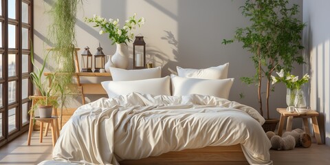 Soft cream modern elegant bedroom hotel apartment with light window and cozy pillow and bed scene