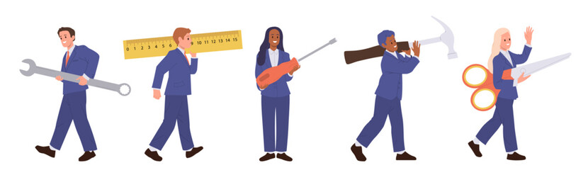 Businessman and businesswoman cartoon characters holding different work tools isolated set