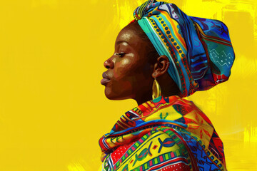 Obraz premium Illustration of an African woman in national clothes on a bright background. Multi-colored bright outfit on a beautiful woman with makeup against a yellow wall.