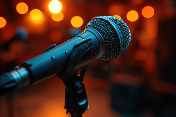 microphone in a studio with spot lights on background