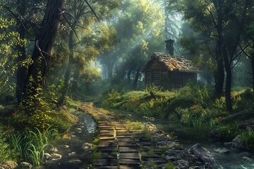 cottage morning in the forest - obrazy, fototapety, plakaty