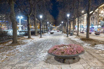 Avenue in Oslo on Karl Johans street during night in winter, with icy ground and light lamps turned...