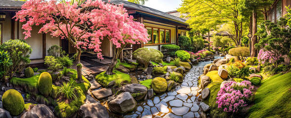 Japanese Tea House with pink flowers. Japanese garden with cherry blossoms, sakura and Japanese house - obrazy, fototapety, plakaty