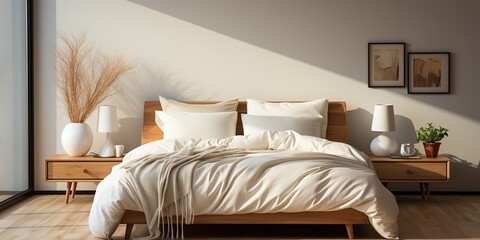 Soft cream modern elegant bedroom hotel apartment with light window and cozy pillow and bed scene - obrazy, fototapety, plakaty