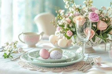 A delicate Easter table arrangement featuring pastel eggs, fine china, and a bouquet of spring flowers for a festive celebration.. - Powered by Adobe