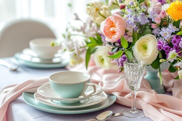 Exquisite table setting with pastel-colored tableware complemented by a vibrant floral centerpiece for a springtime banquet..