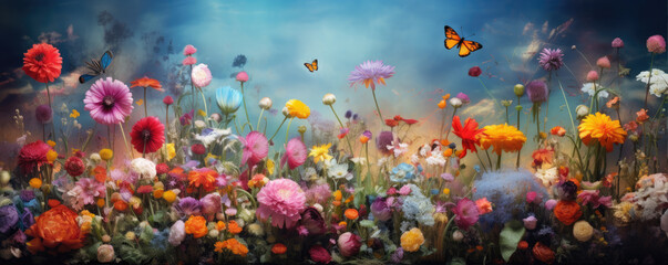 Fototapeta na wymiar Beautiful floral wide background with pink and meadow flowers.