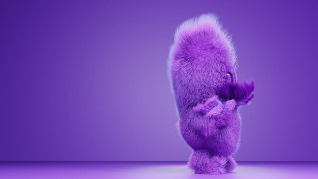 Fluffy cartoon character Funny dancing furry creature. 