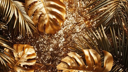 Luxurious background of shiny gold tropical palm leaves and glittering sequins