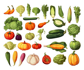 Realistic vegetables cartoon bundle. Vector assets, carrot, cabbage, pepper, pumpkin, onion, corn, zucchini, garlic, parsley, peas, and chinese cabbage, splendid vector illustration isolated on white