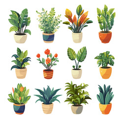 Room plants in flower pot collection. Houseplants with buckets in trendy detailed style, for indoor outdoor decor. Hand drawn vector iconic illustration in green color, Isolated on white background