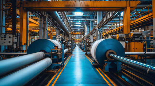 Printing press factory. Rolls of paper or fabric inside an industrial comples.