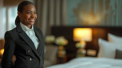 Hotel and hospitality service personnel inside a guest room.  