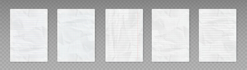 Set of crumpled school sheets of paper. Notebook pages with wrinkled texture. Vector EPS10