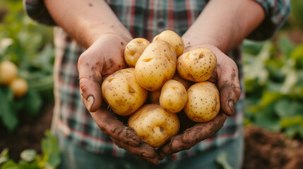 Farmer holding a handful of yellow potatoes on his farm.  - obrazy, fototapety, plakaty
