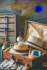 Summer Vacation Essentials on Tropical Beach: Suitcase, Hat, Sunglasses, and Accessories for Perfect Holiday Adventure
