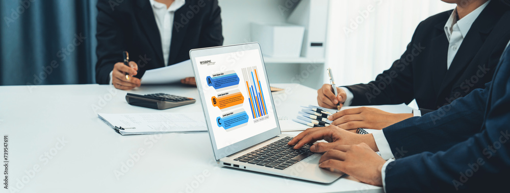 Poster business intelligence analyst team use bi software on laptop to analyze financial data dashboard. bu