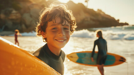 Obraz premium Teenagers at surfing lesson, friends with surfboards at surfer camp, Travel & leisure magazine photo. 
