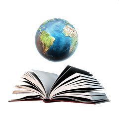 Blue globe on open book pages. Transparent background. 3D illustration