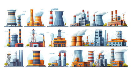 Substations and power plants set. Energy production, heavy industry. Factory buildings, electricity production, technological facilities, nuclear energy, hydroelectric units, vector bundle isolated - obrazy, fototapety, plakaty