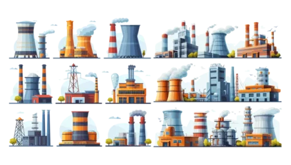 Foto auf Acrylglas Höhenskala Substations and power plants set. Energy production, heavy industry. Factory buildings, electricity production, technological facilities, nuclear energy, hydroelectric units, vector bundle isolated