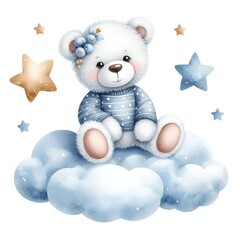 Cute teddy bear sitting on a cloud with stars, nursery concept, isolated watercolor illustration. Child  illustration for children's posters, books, postcard wallpapers, child room decor.