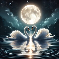 A picture of two swans in the pond, at night. of two swans forming a heart shape on a serene lake. Creating a romantic scene suitable for use in love-themed art and wed