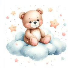 Obraz na płótnie Canvas Cute teddy bear sitting on a cloud with stars, nursery concept, isolated watercolor illustration. Child illustration for children's posters, books, postcard wallpapers, child room decor.