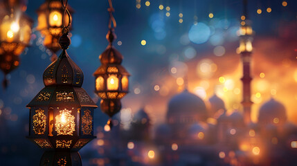 Obraz premium Ramadan card with mine space lantern on blue background and mosque in the background with bokeh and space for text