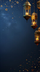 Fototapeta na wymiar card or banner for Ramadan mine space lantern on a blue background and place for text