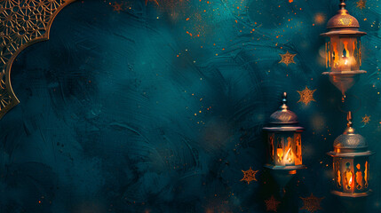 Obraz na płótnie Canvas card or banner for Ramadan mine space lantern on a blue background and place for text